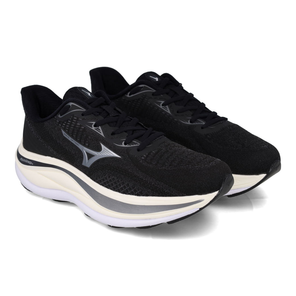 Tênis Mizuno Wave Skyway Masculino Preto destacando design e tecnologia